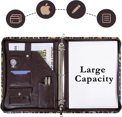 Vista 5 de Calfinder Carpeta de cuero vegano con 3 anillas, soporte para bloc de notas de cuero con cremallera, organizador de cartera de negocios, regalo