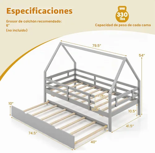 Vista 2 de KOMFOTT Cama de casa de tamaño individual con nido, marco de cama de madera con rieles de seguridad y techo, marco de cama de plataforma de casa Gris