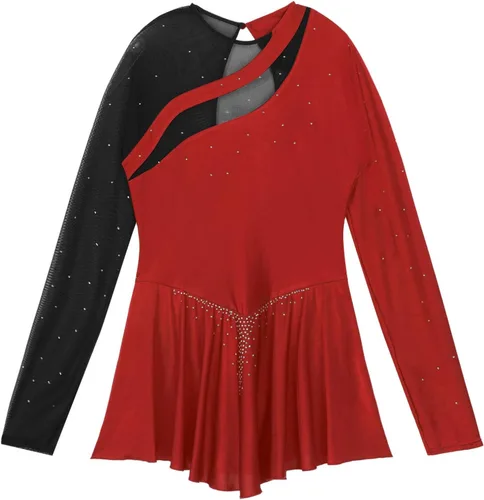 Vista 5 de Disfraz de baile lírico para mujer, manga larga, malla, vestido de patinaje artístico, espalda descubierta, leotardo de ballet