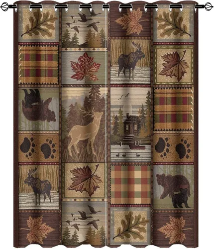 Vista 43 de Cortinas de oscurecimiento estilo campestre con osos, alces y ciervos, cortinas opacas para ventanas con ojales, tratamiento de ventanas eficiente