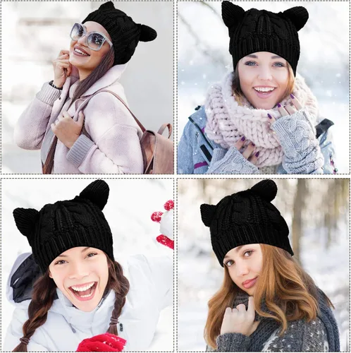 Vista 7 de SATINIOR Lindo gorro de punto con orejas de gato, gorro de punto de invierno para mujeres y niñas