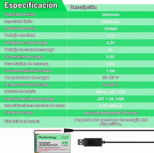 Vista 7 de Batería Li de 3.7 V 3000 mAh con cable de cargador USB 103665 1S Batería LiPo con placa de protección, cinta de goma aislada y enchufe micro JST