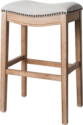 Vista 28 de Maven Lane Adrien Taburete de bar sin espalda, juego de 2, asiento de silla de montar de 31 pulgadas con reposapiés, marco de madera maciza marrón
