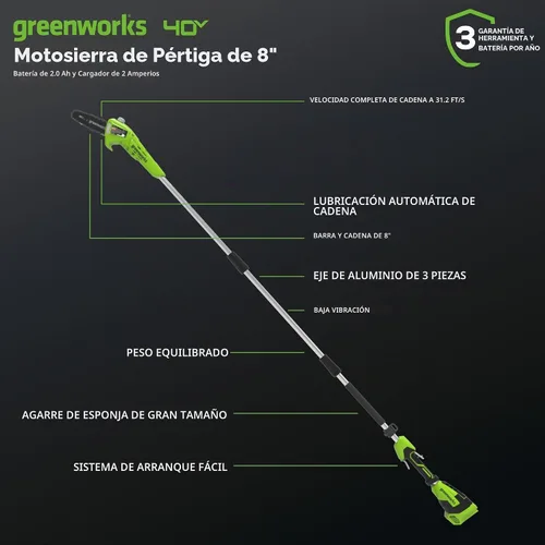 Vista 2 de Greenworks Sierra de poste inalámbrica de 40 V y 8 pulgadas, batería de 2.0 Ah y cargador incluidos PS40B210