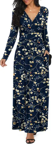 Vista 32 de LILBETTER - Vestido largo de manga larga, cuello en V profundo, holgado, liso y casual para mujer Verde militar