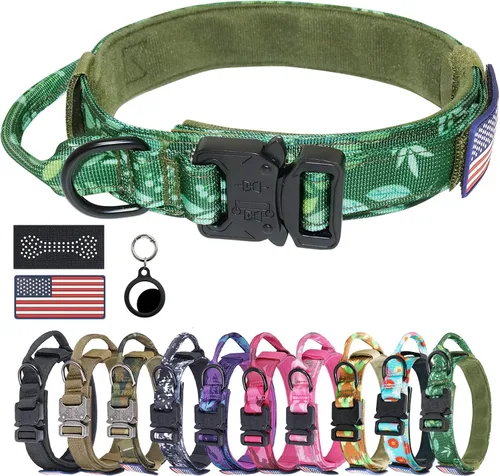 Vista 9 de Collar táctico para perro, collar con camuflaje digital para perros grandes, collar militar K9 ajustable y resistente con asa, con la bandera