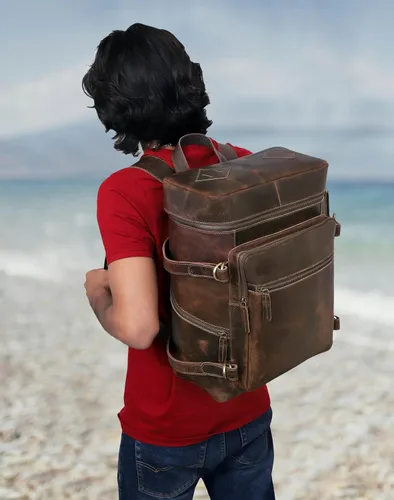 Vista 5 de HLC Mochila de cuero genuino para computadora portátil para hombres y mujeres, mochila genuina de gran capacidad, para negocios, retro, viajes