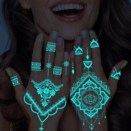 Vista 6 de Konsait 8 hojas de tatuajes luminosos temporales para mujeres y niñas, tatuajes temporales luminosos para mujeres, tatuajes de luz negra que brillan