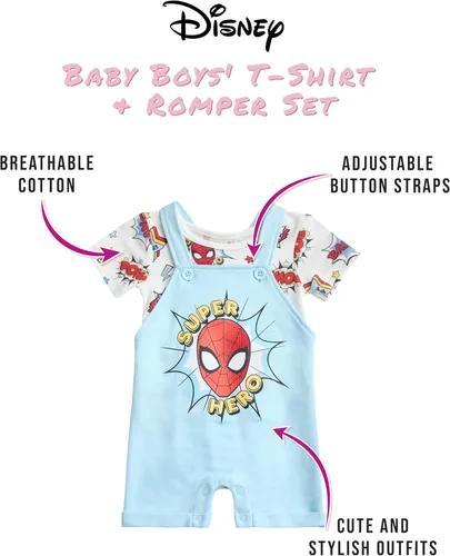 Vista 2 de Disney Conjunto de pantalones cortos para bebé, 2 piezas de Spiderman Mickey Mouse Cars Winnie the Pooh, conjunto corto de camisa corta (0-3M-24M)