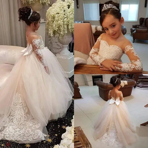 Vista 2 de Vestido de princesa de manga larga con encaje blanco marfil GZY202, Marfil
