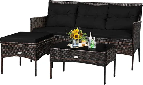 Vista 14 de Tangkula juego de sofá de esquina para patio de 3 piezas, juego de sofá de ratán para exteriores, incluye chaise lounge, sofá doble y mesa auxiliar