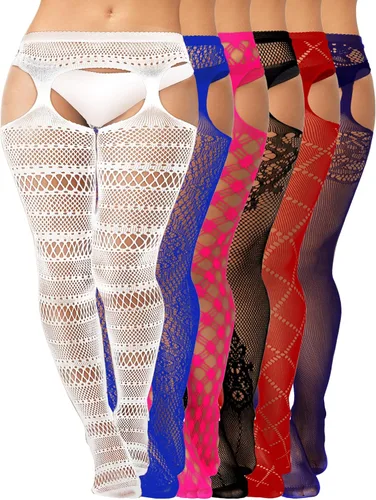 Vista 18 de Skylety 6 pares de medias de red para mujer, medias altas hasta el muslo, medias con tirantes para mujeres y niñas