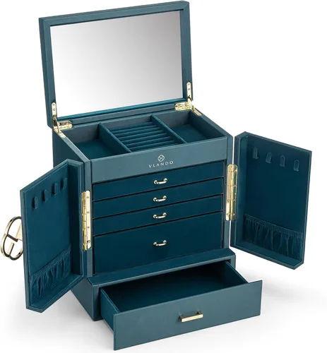 Vista 8 de Vlando Joyero grande, cajas de joyería y organizadores de 6 niveles, estuche de almacenamiento de joyas con espejo con 5 cajones, reloj de piel