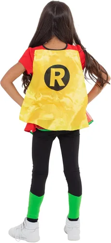 Vista 3 de DC Comics Robin - Camiseta de cosplay para niñas, leggings y capa de 3 piezas para niños pequeños a grandes