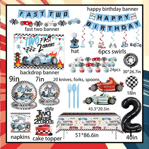 Vista 4 de Dos decoraciones de cumpleaños de 2º cumpleaños de auto de carreras rápidas, incluyen plato, taza, servilleta, telón de fondo, pancarta, mantel