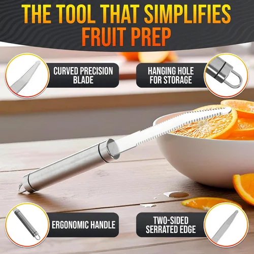Vista 5 de Cuchillo de toronja con doble hoja dentada curva, cortador y pelador de frutas cítricas de acero inoxidable con mango ergonómico, apto