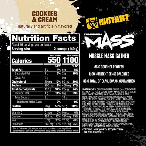 Vista 6 de Mutant Mass Proteína en polvo de ganancia de masa de peso, proteína en polvo alta en calorías para ganancia de masa, galletas y crema, 5 libras