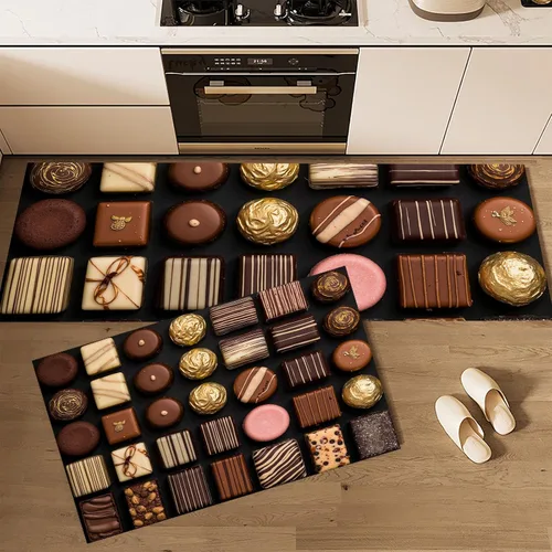 Vista 4 de Kitchen Mat Set of 2 Pcs, 3D Chocolate Patchwork Non Slip Rugs for Kitchen Floor, Retro Geometric Absorbent Runner Comfort Standing Mats Washable