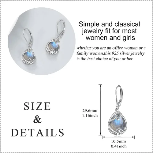 Vista 148 de Aretes colgantes con forma de lágrima de filigrana de piedra lunar de plata de ley 925 con cierre de palanca para mujer, regalos de joyería