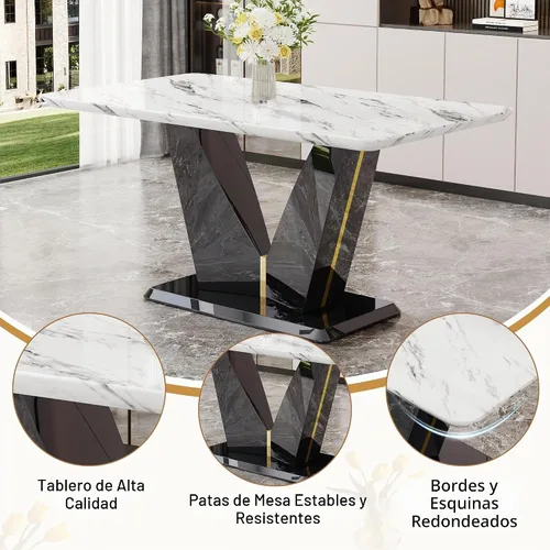 Vista 4 de Juego de mesa de comedor de 5 piezas, juego de mesa de comedor moderno de mármol de 63 pulgadas para 4, juego de mesa de cocina blanca para 4, juego
