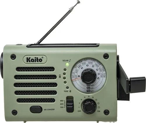 Vista 2 de Kaito KA380 Radio de emergencia y altavoz Bluetooth portátil - Radio meteorológica AM/FM NOAA recargable con panel solar y manivela verde militar