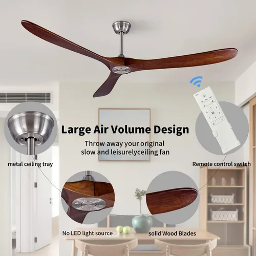 Vista 7 de Ventilador de techo de madera para interior/exterior de 70 pulgadas, con 3 aspas, control remoto, 2 varillas, motor DC reversible de 35W, ahorro