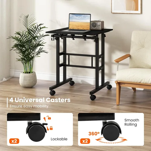 Vista 5 de Tangkula Escritorio de pie móvil, escritorio portátil con ruedas Height-adjustable Standing Table w/Tilting Tabletop, Laptop Workstation w/Hanging