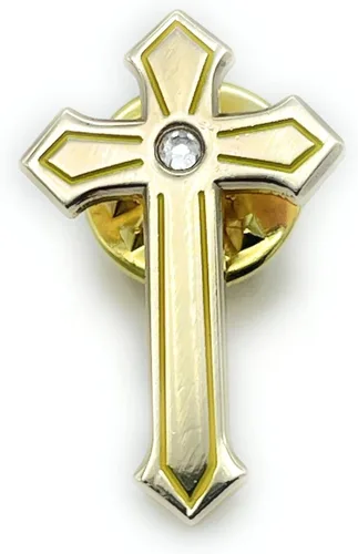 Vista 2 de PINVANA Pin de solapa de cruz religiosa esmalte dorado con diamantes de imitación
