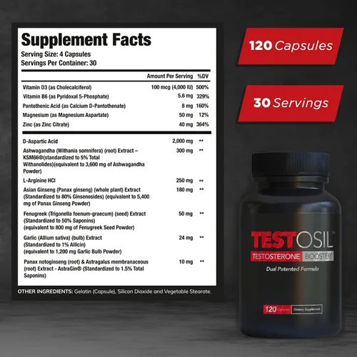 Vista 2 de Testosil - Suplemento avanzado de apoyo de testosterona para hombres - Fórmula de vitalidad con Ashwagandha KSM-66 y fenogreco - Promueve la salud