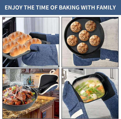 Vista 2 de Juego de guantes de horno y soportes para ollas, 4 piezas de guantes de horno de cocina resistentes al calor de 400 °F para cocina, guantes de horno