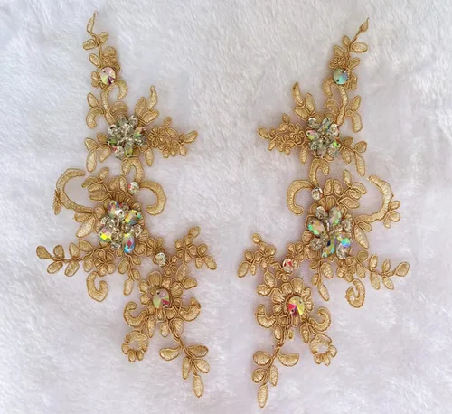 Vista 12 de Parches de tela de encaje fino bordados con diamantes de imitación bordados, decoración de vestido para coser en lentejuelas cuentas, accesorio