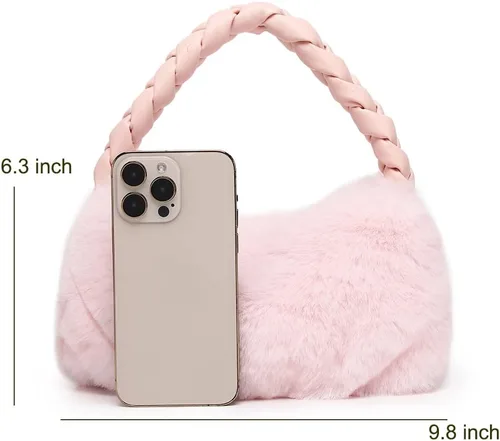 Vista 5 de Bolso de mano esponjoso para mujer, bolso de piel sintética con asa superior mullida, bolso de mano de felpa