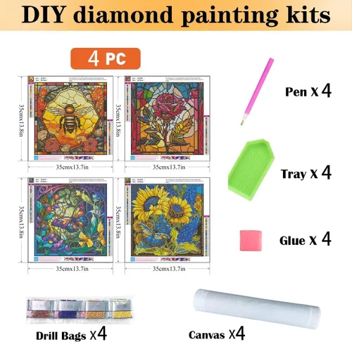 Vista 2 de Paquete de 4 kits de pintura artística de diamantes para adultos, vidrieras de perforación completa de puntos de diamante para principiantes