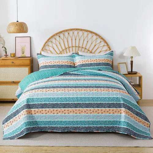 Vista 58 de Juego de cama de dos piezas, tamaño individual, de microfibra, reversible, de retazos, estilo floral, todas las estaciones, patrón de porcelana azul