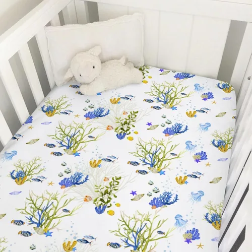 Vista 12 de Sábana bajera ajustable para cuna de bebé, diseño bohemio de animales marinos, 52 x 28 pulgadas, ballena, delfín, medusa, caballo marino, tortuga