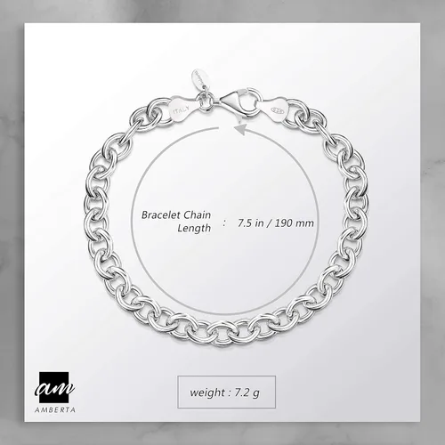 Vista 3 de Amberta Pulsera de plata de ley 925 para mujer, varios estilos, cadena de cable, eslabones lisosestampados, longitud de 7.5in