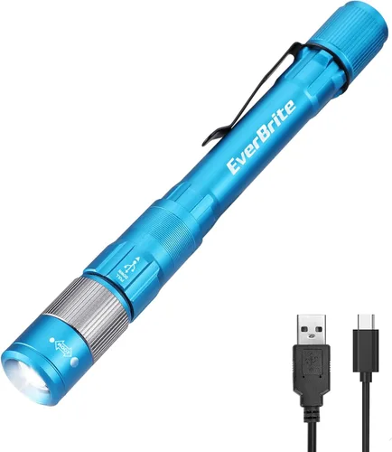 Vista 15 de EverBrite Mini Luz de Lápiz, linterna de bolsillo recargable con cable USB C, 4 modos de luz, linterna pequeña de 300 lúmenes con clip para Azul