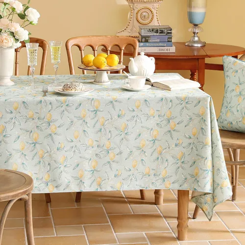 Vista 8 de [Usado] patdrea Mantel largo de lino de diseño verde para mesa rectangular, mantel vintage transpirable con patrón de frutas amarillas, funda