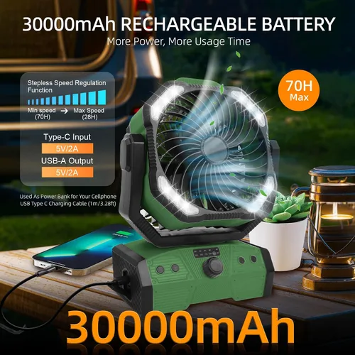 Vista 2 de ELZO Ventilador de campamento de 30000 mAh con luz LED, máximo 70 horas de trabajo, portátil inalámbrico, recargable, ventilador USB con gancho