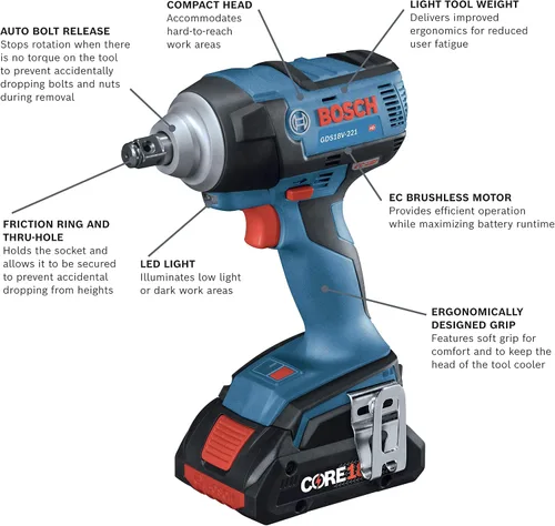 Vista 2 de Bosch GDS18V-221B25 18V EC Kit de llave de impacto sin escobillas de 1/2 pulgada con (2) baterías compactas CORE18V 4.0 Ah