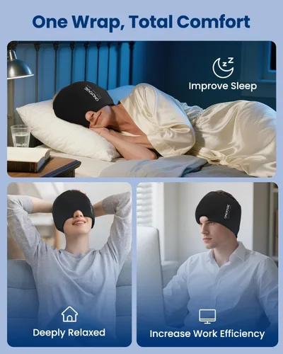 Vista 8 de ONLYCARE Gorro de alivio para migraña, máscara calmante para migraña, envoltura de gel de hielo para cabeza sin olor mejorada, terapia de frío