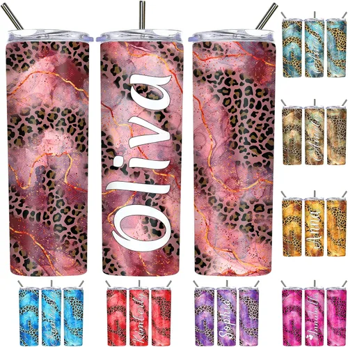 Vista 25 de Vasos personalizados con estampado de leopardo con tapas y pajitas, vasos delgados personalizados de 20 onzas con nombres para mujeres y hombres