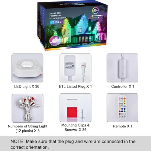 Vista 9 de wowlite Luces exteriores permanentes de 50 pies, luces inteligentes RGBIC para aleros con 36 LEDs, impermeables IP67, más de 110 modos de escena