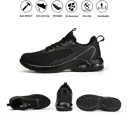 Vista 5 de NIFOFISE Zapatos de punta de acero para mujeres y hombres, zapatos de trabajo de seguridad, zapatillas de deporte con punta compuesta antideslizantes