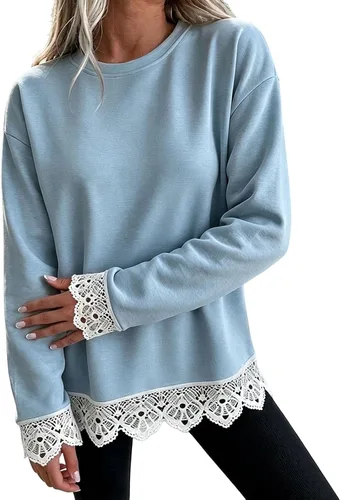 Vista 24 de Fall Sweatshirts for Women Crewneck Scalloped Lace Trim Cute Pullover Tops Lightweight Long Sleeve Polka Dot Sweatshirt,Oversized Leopard Print A