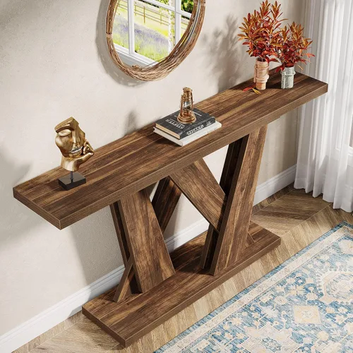 Vista 4 de Tribesigns Mesa de consola de 55 pulgadas estilo granja, mesa detrás del sofá con soporte para TV de base geométrica, mesa de sofá delgada