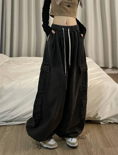 Vista 5 de Pantalones de mezclilla holgados Grunge Y2K Emo Alt Cargo Pant Fairycore Demin Aesthetic Jogger Pantalones de chándal Hiphop Cordón Streetwear