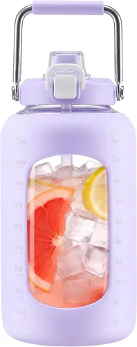 Vista 8 de WINSA - Botella de agua de vidrio de 84 onzas con pajita, 2.5 litros, ámbar Botella de beber de galón, con asa, funda de silicona para deportes