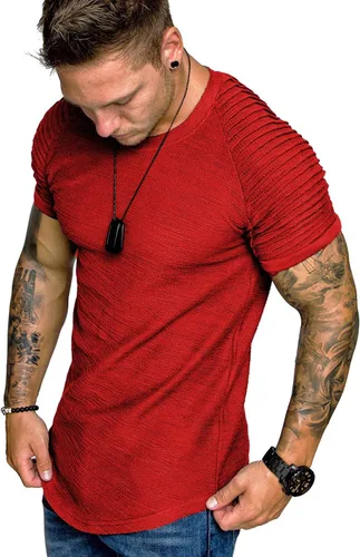 Vista 31 de COOFANDY Camiseta Muscular para Hombre de Manga Raglán Plisada Camiseta de Culturismo para Gimnasio Manga Corta Camisas de Entrenamiento de Moda