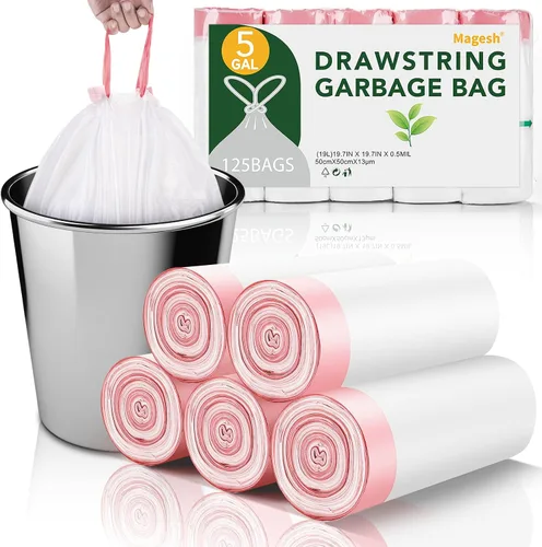 Vista 21 de Magesh - Bolsas de basura de 1.2 galones con cordón para baño, 125 unidades, mini bolsa de basura pequeña, sin perfume, de plástico grueso y fuerte